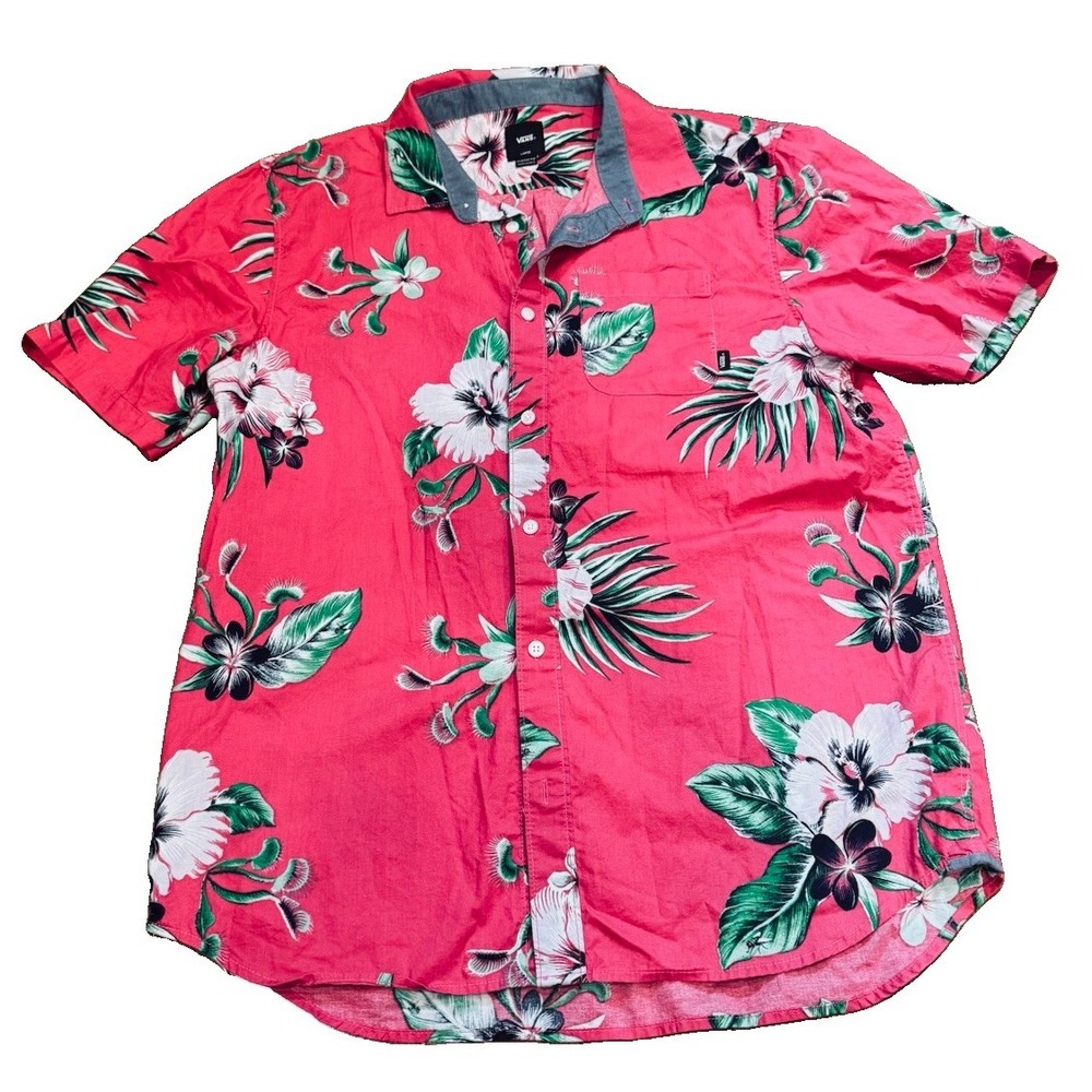 Vans Men's Button Down Venus Fly Trap Shirt Large Pink Hawaiian RARE Classic Fit